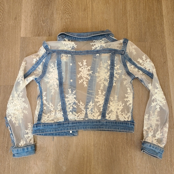 Gracia frayed denim trim lace embroidered denim jean jacket - Picture 2 of 5